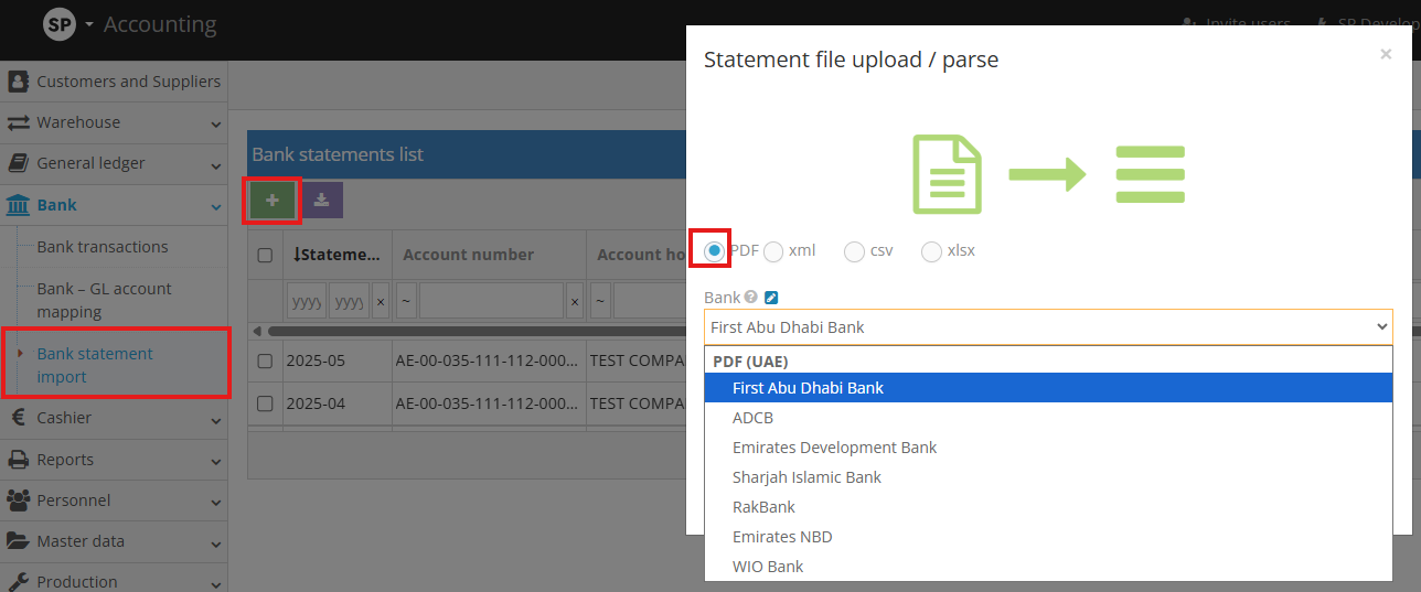 Uploading prepared bank statement file